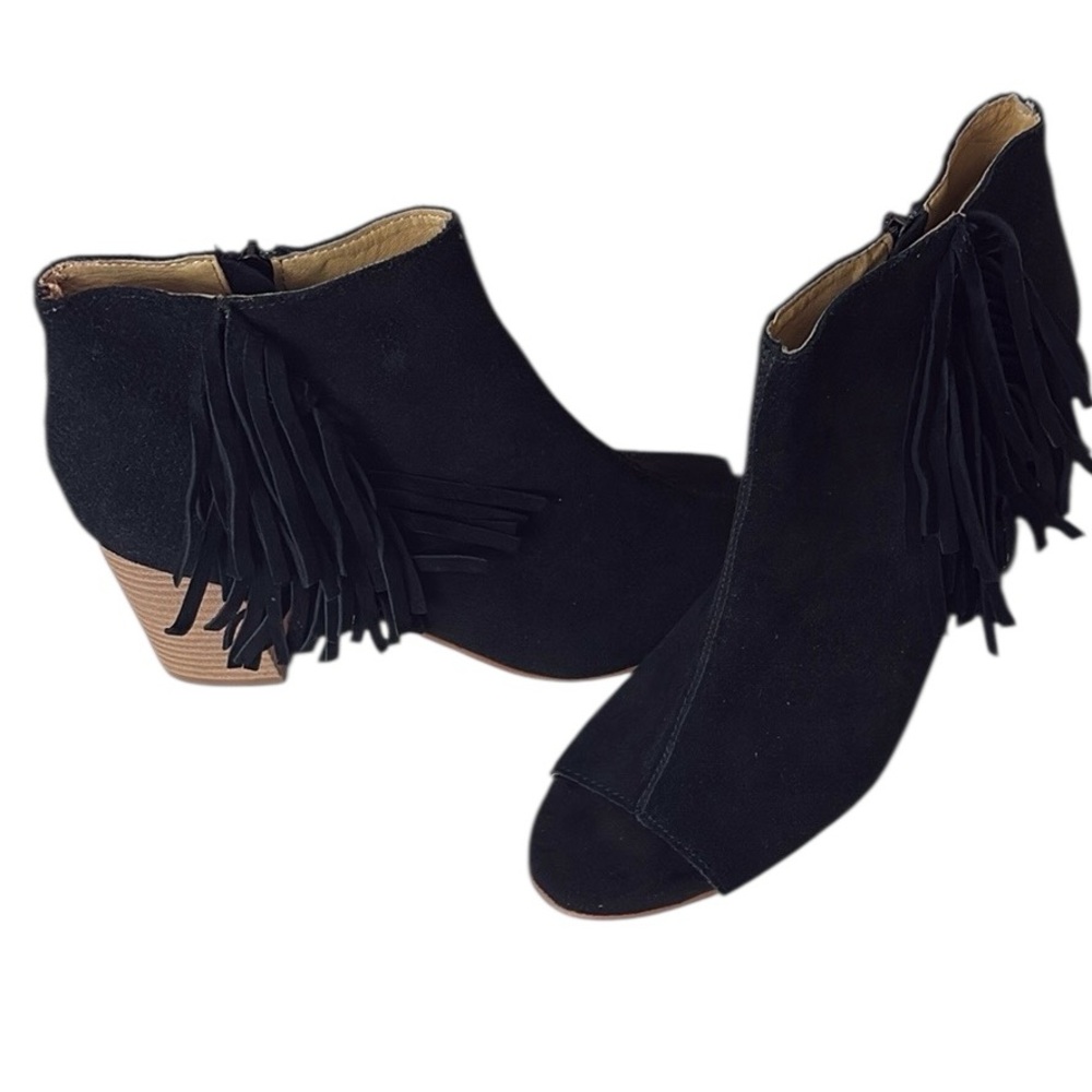 Kensie Erika Fringe Peep toe ankle boots, black leather, side zip, 9.5